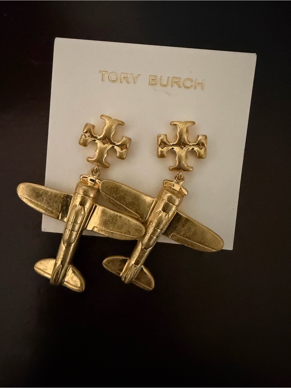 Tory Burch Gold Airplane Drop Logo Earrings - Picture 3 of 4